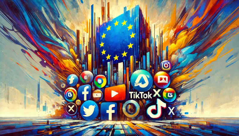 AI image of EU flag overseeing social media platform logos